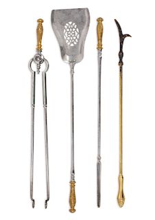 A Set of English Steel and Brass Fireplace Tools 