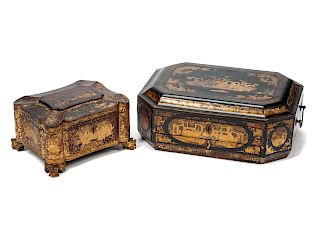 Two English Lacquered Fitted Boxes