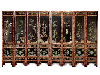 A Chinese Hardstone Inset Eight-Panel Screen