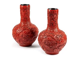 A Pair of Chinese Carved Red Lacquer Vases