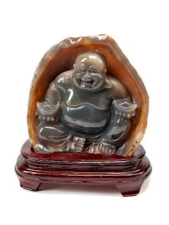A Chinese Export Carved Agate Figure of a Seated Buddha 
