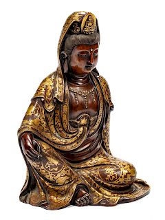 A Chinese Mixed Metals Inlaid Patinated Bronze Figure of Guanyin