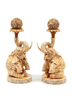 A Pair of Chinese Carved and Enameled Bone Elephants 