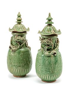 A Pair of Chinese Celadon Porcelain Jars