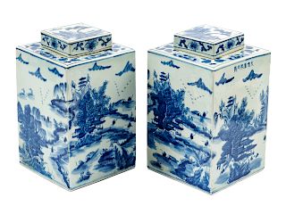 A Pair of Chinese Blue and White Porcelain Covered Tea Caddies