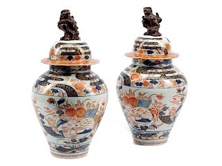A Pair of Japanese Imari Porcelain Covered Jars