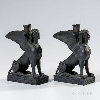 Pair of Wedgwood Black Basalt Sphinx Candlesticks