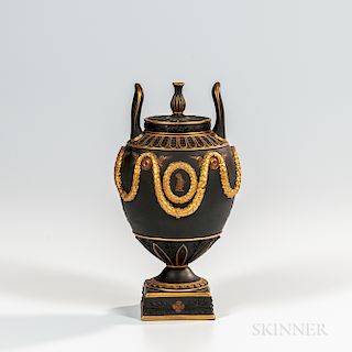 Wedgwood Gilded and Bronzed Black Basalt Vase and Cover
