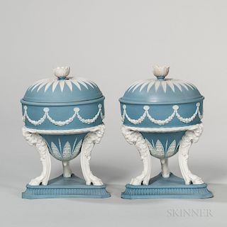 Pair of Wedgwood Solid Blue Jasper Tripod Urns and Covers