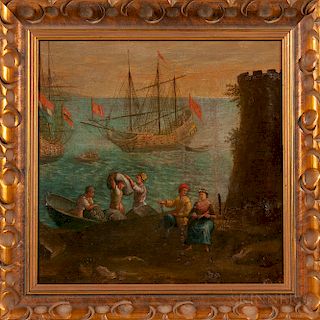 Continental School, 18th Century  Figures Unloading Ships on a Rustic Shore