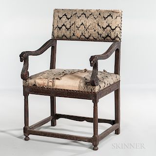 Louis XIII Walnut Upholstered Open Armchair