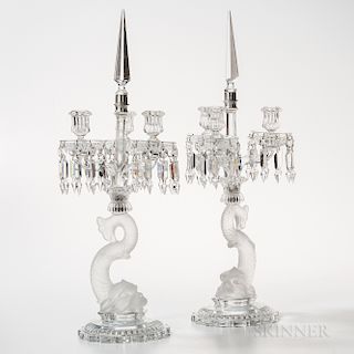 Pair of Assembled Frosted Glass Dolphin Candelabra