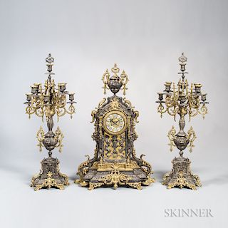 Three-piece Bronze and Silver-plate Clock Garniture