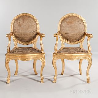 Pair of Louis XV-style Giltwood Open Armchairs
