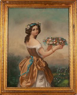 George G. Fish (American, act. 1849-1880)  Young Maiden Lifting a Basket of Flowers