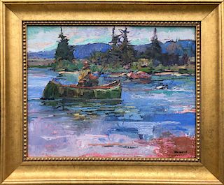 David Lazarus Oil on Canvas "Lone Fisherman in Canoe"