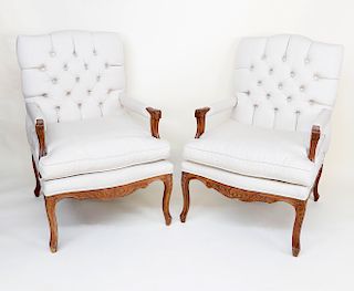 Pair of Linen Upholstered Carved French Fruitwood Louis XV Style Armchairs