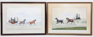 Pair of Watercolors Gouache Stage Coach Scenes