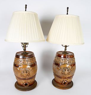 Pair of 19th Century Scottish Stoneware Whiskey Dispenser Barrel Lamps