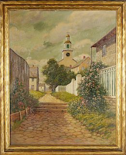 T. Bailey Oil on Canvas "View of Stone Alley & Congregational Church"