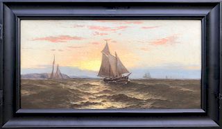 George Howell Gay Oil on Canvas "Schooners at Sunset"