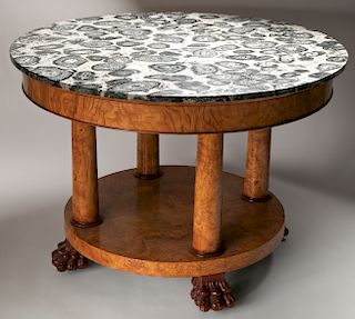 Empire Style Burlwood Fossil Marble Top Center Table