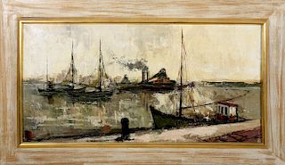Francois Franc Oil on Canvas "Busy Harbor Scene"