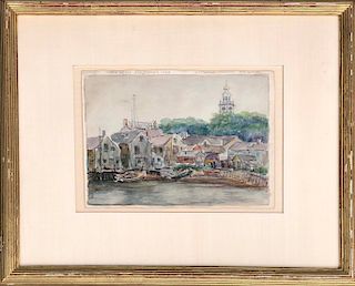 Reynolds Beal Watercolor on Paper "Nantucket-Custom House, and Captain's House, Unitarian Chuch, Aug. 16, 1910"