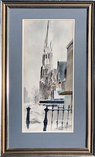 C. Robert Perrin Watercolor on Paper "Snowfall on Newbury Street, Boston"