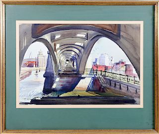 C. Robert Perrin Watercolor on Paper "Boston Bridge on the Charles River"