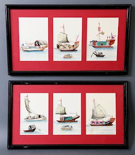 Six Chinese Export Watercolors on Pith Paper "Six Views of Junks"