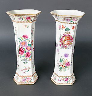 Pair of Chinese Export Armorial Coat of Arms and Floral Decorated Hexagonal Sampson Style Vases