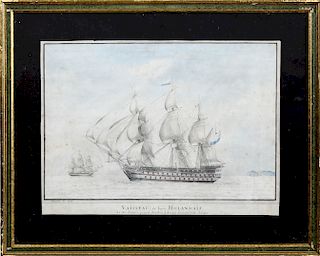 Italian Watercolor Portrait of the French Ship of the Line "Hollandais"