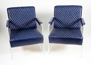 Pair of Modern Lucite and Supple Navy Blue Quilted Leather Armchairs