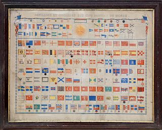 Antique Hand Colored Wordly Nautical Flag Map Chart