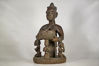 Yoruba Female Sculpture with Bowl and Four Figures 22"