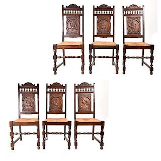 Lote de 6 sillas. Francia. Siglo XX. Estilo Bretón. En talla de madera de roble. Con respaldos semiabiertos, asientos de palma.