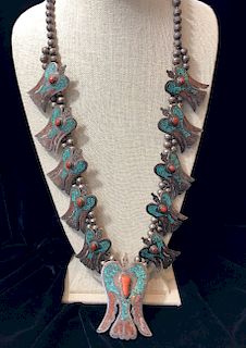 M. Ortega "HMIJ" Sterling Silver Turquoise and Corcal Chip Inlaid Peyote Bird Aquash Blossom 