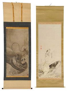 Two Japanese Scrolls, Dragon, Carp