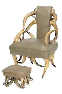 Leather Steer Horn Armchair and Footrest