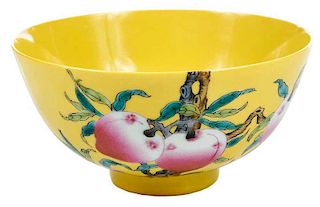 Chinese Yellow Ground Bowl With Peaches and Bats