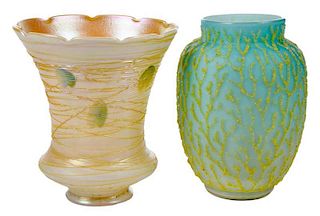 Two Glass Pieces, Quezal Shade and Coraline Vase