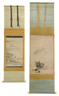 Two Japanese Landscape Scrolls, Sages Reading