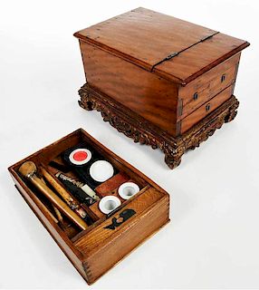 Small Tropical Wood Chest and Calligraphy Set