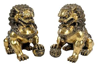 Pair Gilt Bronze Foo Lions
