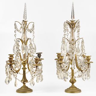 Pair of Brass and Crystal Candelabra