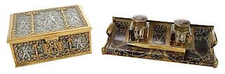 Two Continental Gilt Desk Objects, Inkstand, Box