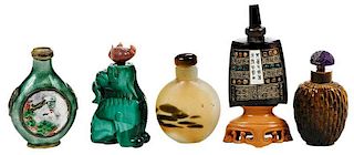Five Chinese Snuff Bottles with Wood Stand