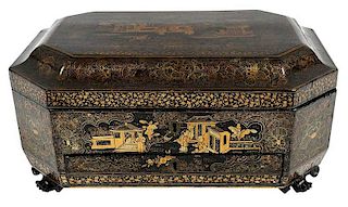 Chinese Lacquered Sewing Box, Gilt Decoration