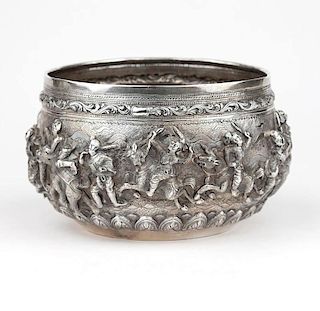 A Burmese repousse silver bowl